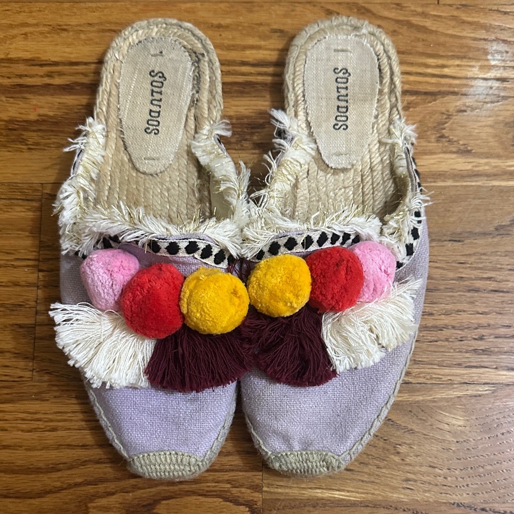 🛍️SALE🛍️ Soludos Frayed Edge Pom Pom Mules | Coco Espadrille Slides - Picture 5 of 6